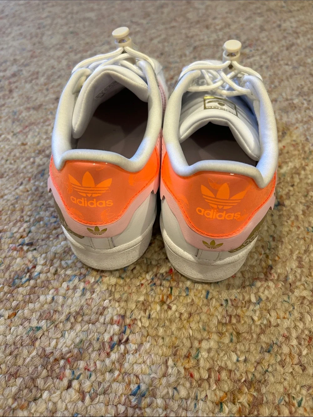 adidas Superstar Sneakers - White with Pink Stripes & Neon Orange Heel